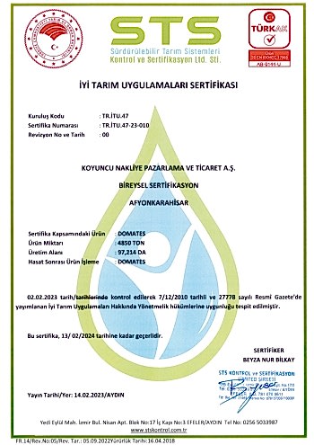 STS İyi Tarım Uygulamaları Sertifikası Koyuncu Seracılık